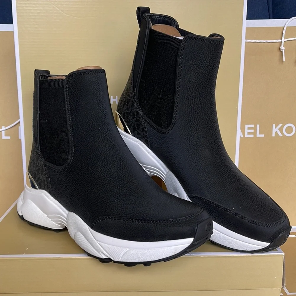 Michael Kors Black and White Chelsea-Style Platform Sneaker Booties
